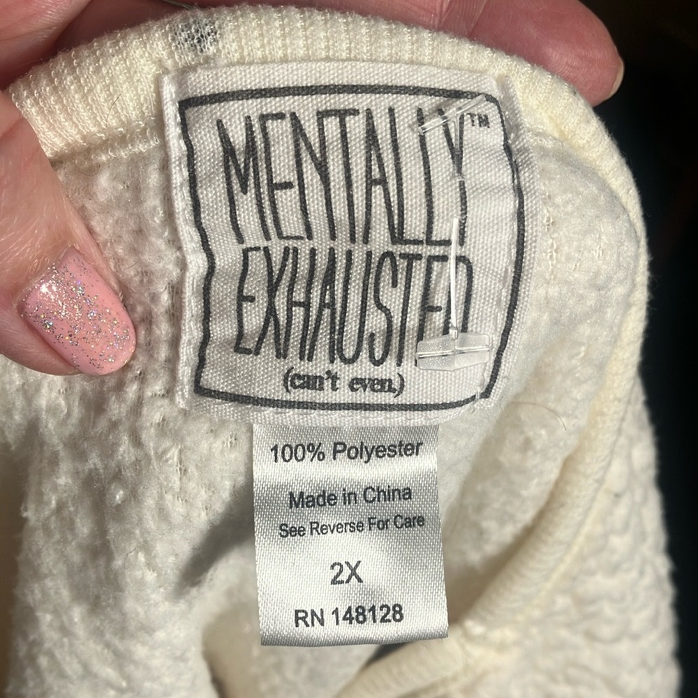 ❄️🤍Mentally Exhausted 100% Polyester Cream Fleece Cute Pullover W/Sequins Sz 2X - Picture 5 of 5
